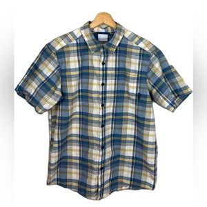 Columbia Men’s Blue and Yellow Plaid Short Sleeve Button Up